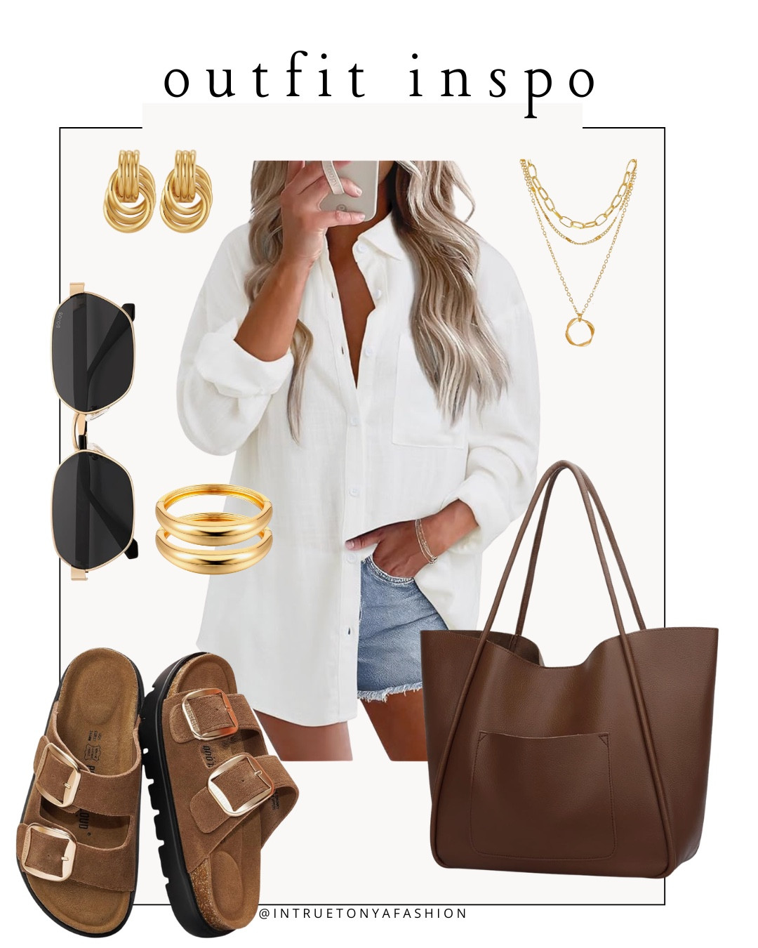 Casual summer outfit idea — white button down shirt, brown tote bag, brown platform sandals, gold jewelry and sunglasses 







Amazon outfits every outfit inspo, outfit ideas, casual outfits amazon, amazon outfits every day, spring outfits 2026, summer outfits

#LTKootd #LTKSaleAlert #LTKPetite