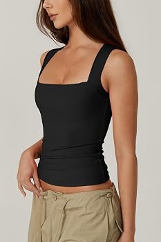 QINSEN Women's Square Neck Sleeveless Double-Layer Tank Tops Basic Tight T Shirts | Amazon (US)