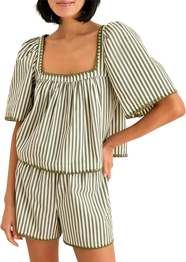 Womens Two Piece Sets Striped Square Neck Puff Sleeve Top and Shorts Set Cute Casual Summer Trave... | Amazon (US)