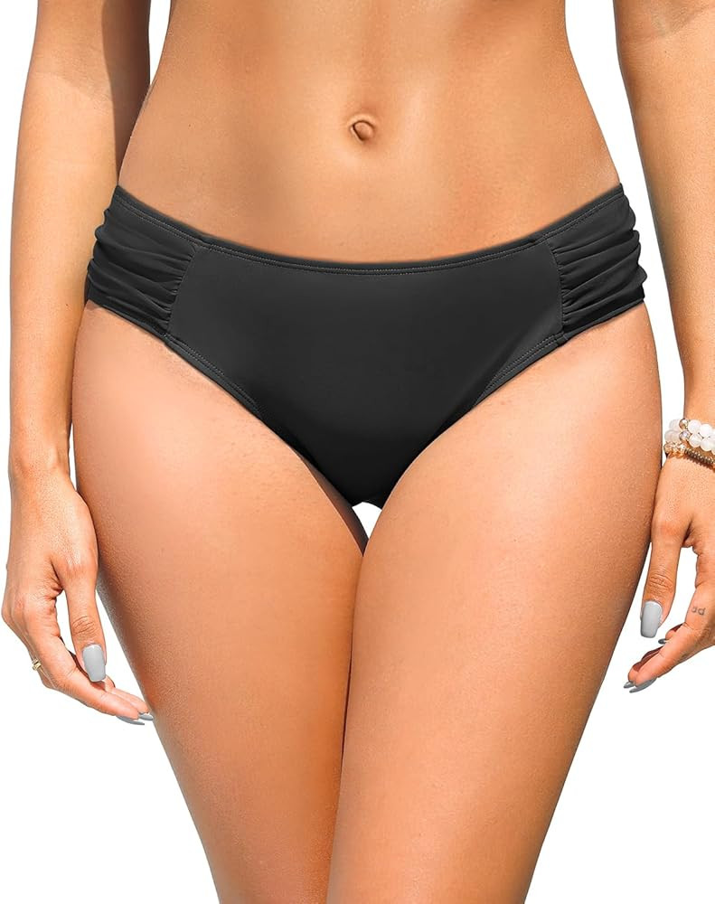 Zmart Women Low Rise Bikini Bottoms - Full Coverage Ruched Bathing Suit Swim Bottom Swimsuits Swi... | Amazon (US)