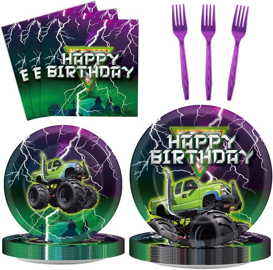 Chunnin 96 PCS Green Purple Monster Truck Party Supplies Monster Truck Birthday Party Plates and ... | Amazon (US)