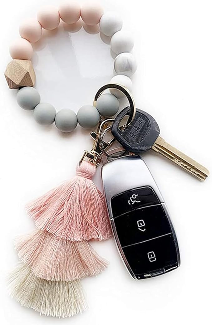 Beaded Keychain with Tassel, Silicone Key Ring Bracelet, Cute Boho Car Key Chain Wristlet for Wom... | Amazon (US)