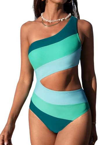 CUPSHE Women's One Piece Swimsuit One Shoulder Bathing Suit Cutout Color Block Swimwear, XS | Amazon (US)