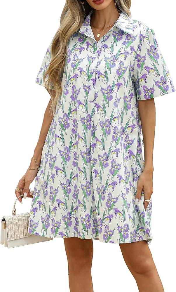 LifeShe Summer Floral Dress Women's Printed Casual Sundress Short Sleeve Button Up Shirt Dresses ... | Amazon (US)