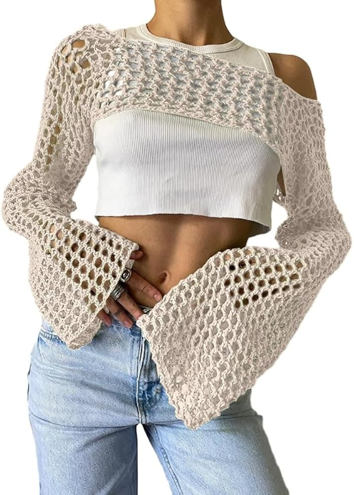hathne Women Hollow Out Sweater Crop Flounce Off See Through Crochet Top Trumpet Long Sleeve Knit... | Amazon (US)
