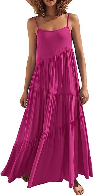 ANRABESS Women’s Summer Casual Loose Sleeveless Spaghetti Strap Asymmetric Tiered Beach Maxi Lo... | Amazon (US)