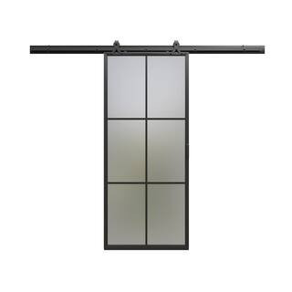 36 in. x 84 in. 6 Lite Frosted Glass Black Finished Metal Sliding Barn Door with Hardware Kit | The Home Depot