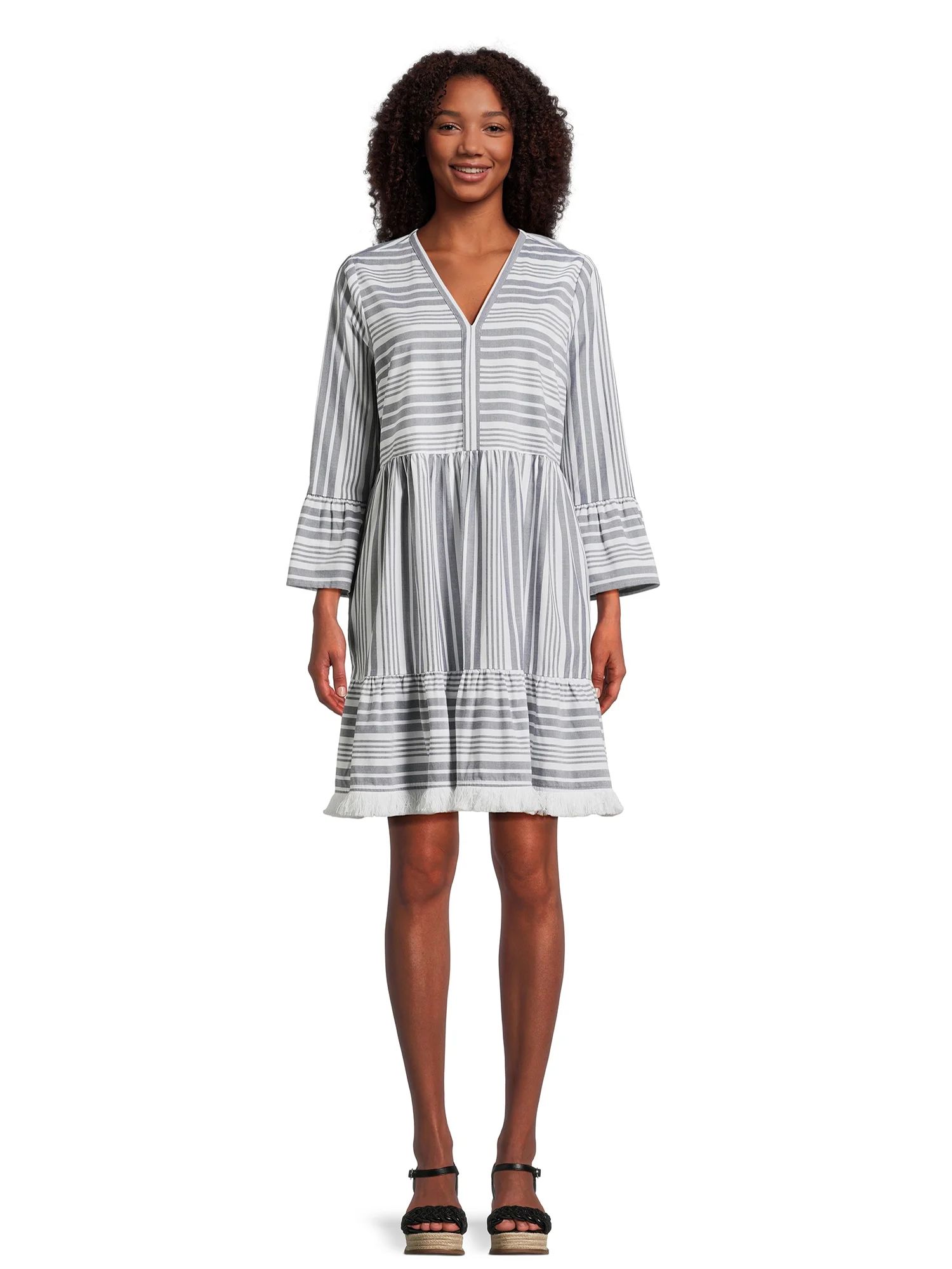 Time and Tru Women’s A-Line Fringe Dress with Long Sleeves, Sizes XS-XXXL | Walmart (US)