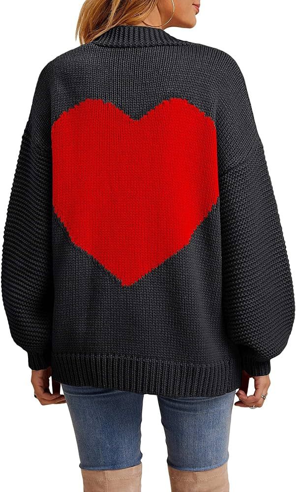 Nulibenna Women Knitted Heart Patch Open Front Long Sleeve Chunky Cardigan Sweater Loose Outerwear C | Amazon (US)