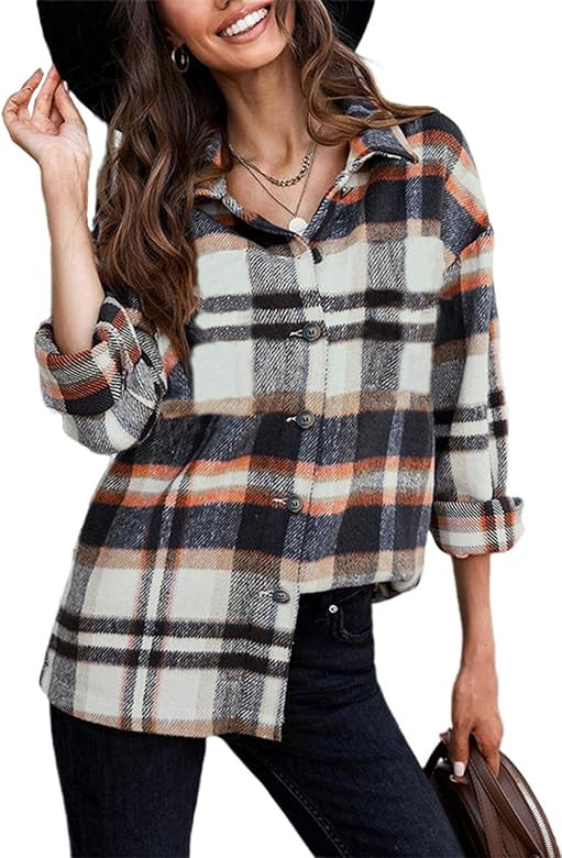 Tanming Womens Brushed Flannel Plaid Lapel Button Short Pocketed Shacket Shirts Coats | Amazon (US)