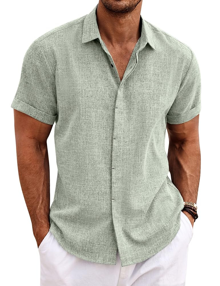 COOFANDY Men's Linen Shirts Short Sleeve Casual Shirts Button Down Shirt for Men Beach Summer Wed... | Amazon (US)