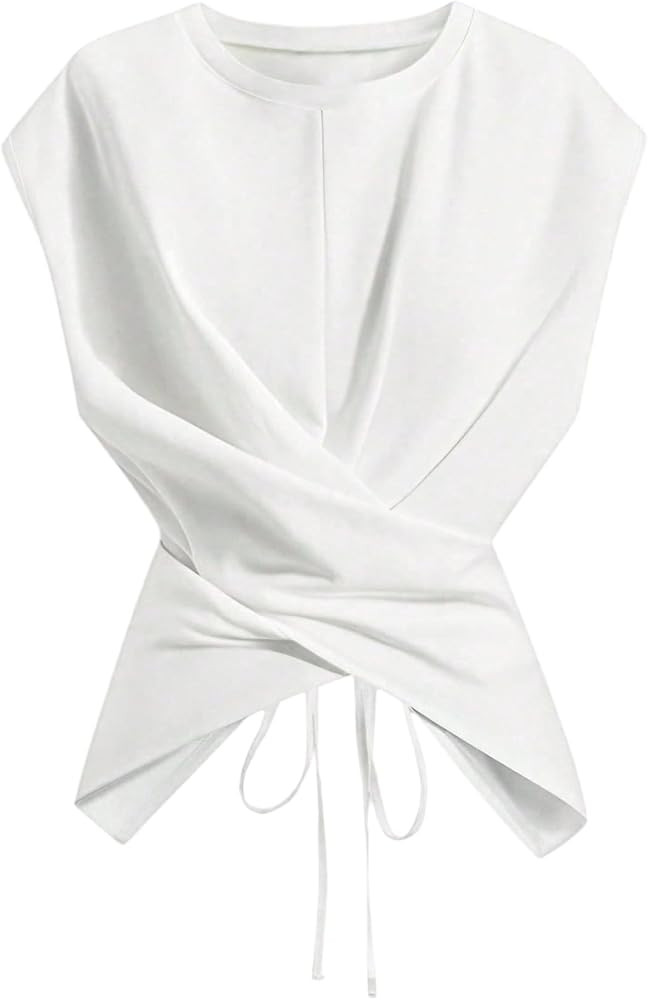 WDIRARA Women's Plus Size Wrap Cinched Waist T Shirts Tie Back Cap Sleeve Tops | Amazon (US)