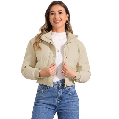 INSPIRE CHIC Women's Winter Outwear Baggy Padded Cropped Bomber Jacket Beige Small | Target