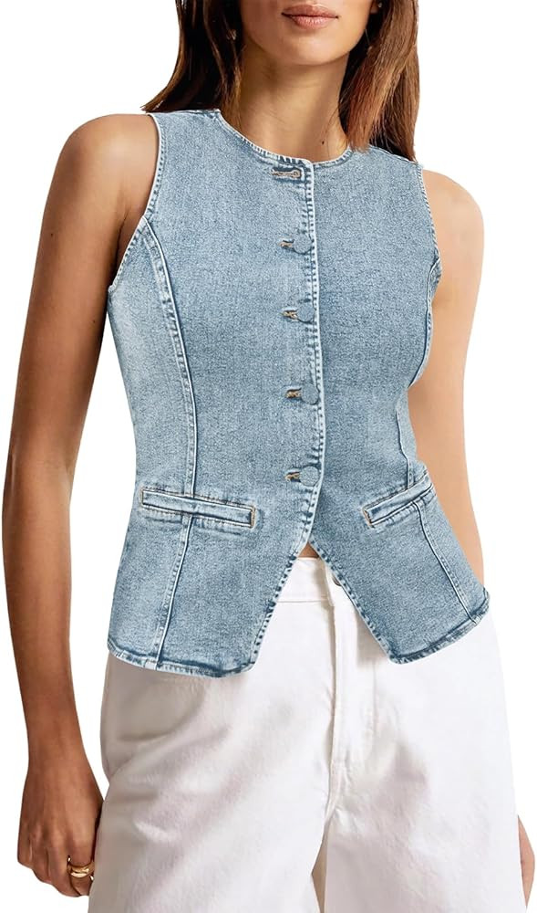 Tankaneo Womens Button Down Denim Vest Tops Sleeveless Fitted Jean Tank Tops Summer Trendy Casual... | Amazon (US)