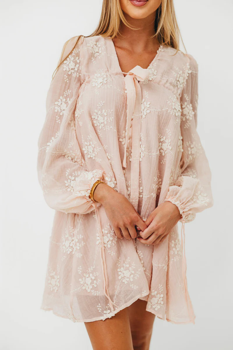 Erika Embroidered Long Sleeve Mini Dress in Pink | Worth Collective