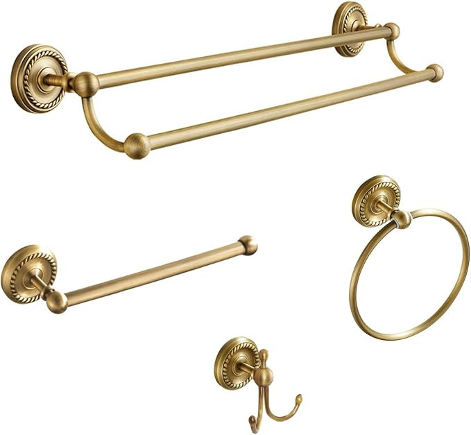 4 Piece Antique Brass Gold Bathroom Accessories Set - 24” Towel Holder, Antique Bar Brass Bath ... | Amazon (US)