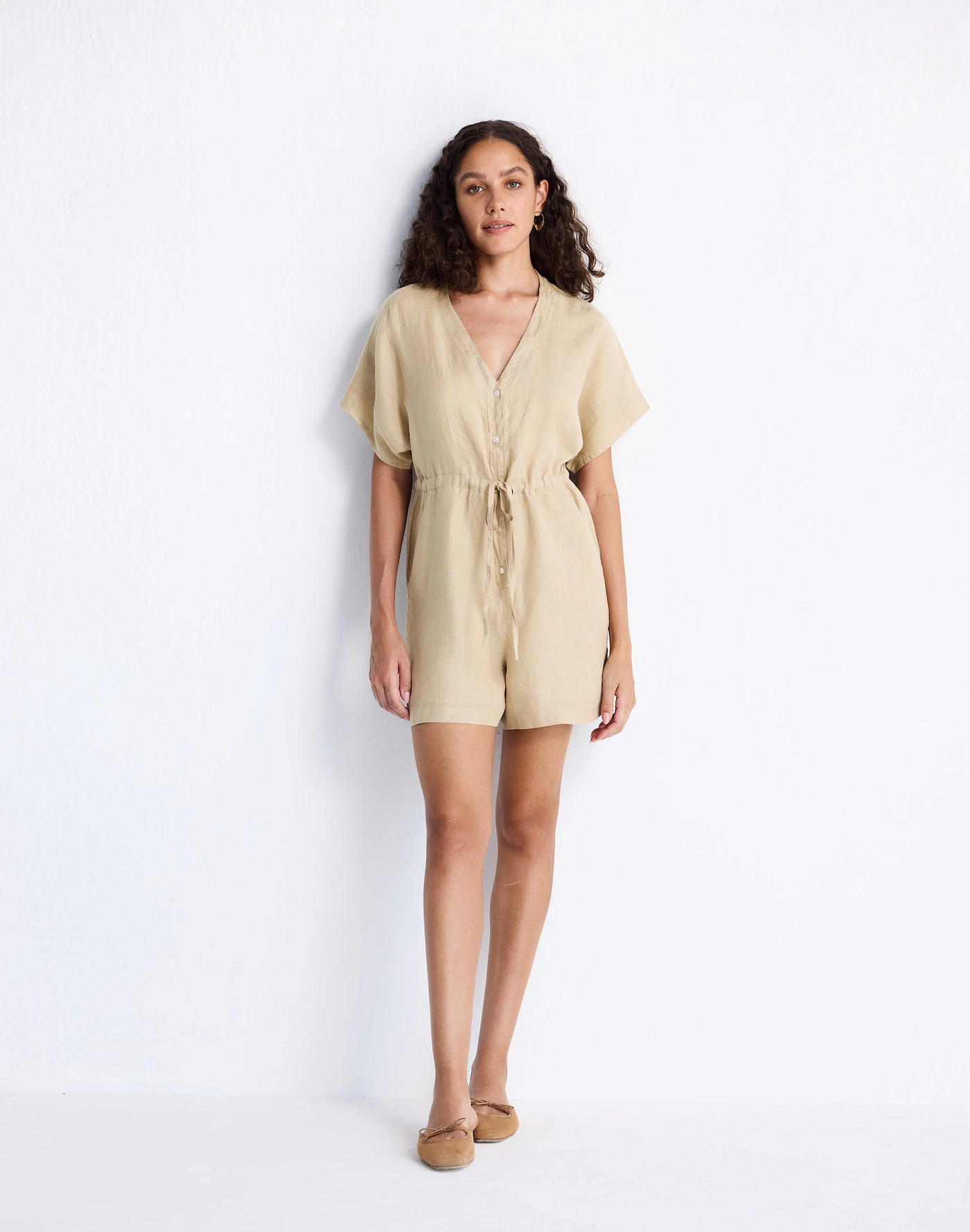 Reistor&reg; V neck Drawstring Neutral Beige Romper in 100% Hemp | Madewell | Madewell