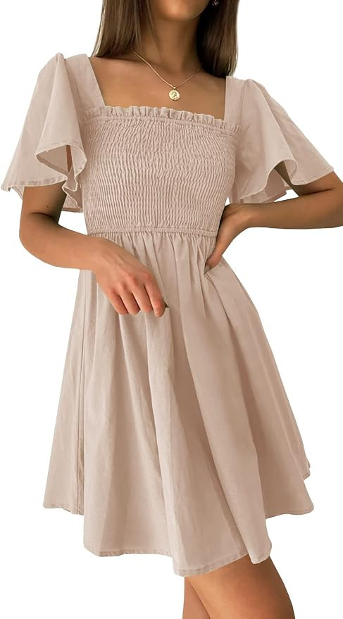 Wenrine Women's Square Neck Short Ruffles Sleeve Casual Summer Beach Solid Swing Flared Short Min... | Amazon (US)