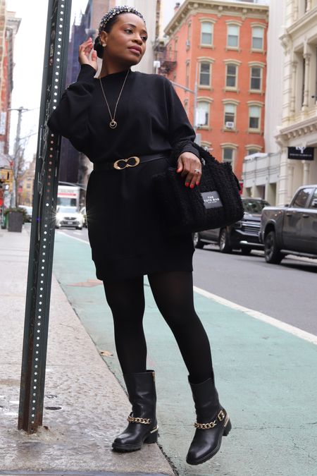 Causal chic all black outfit with gold accessories #causal #sweater #belt #boots #dress

#LTKunder100 #LTKSale