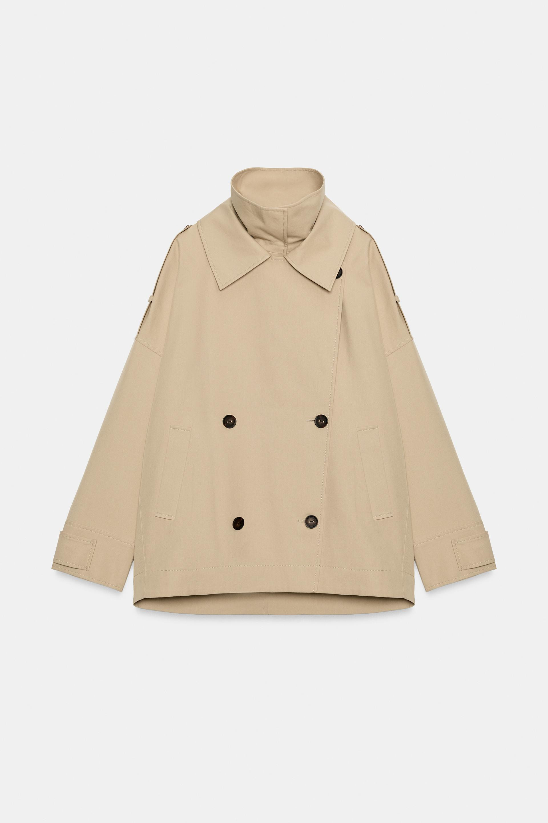 Zara - Oversized Stand-Up Collar Short Trench Coat - Light Tan - M-L - Woman | Zara US
