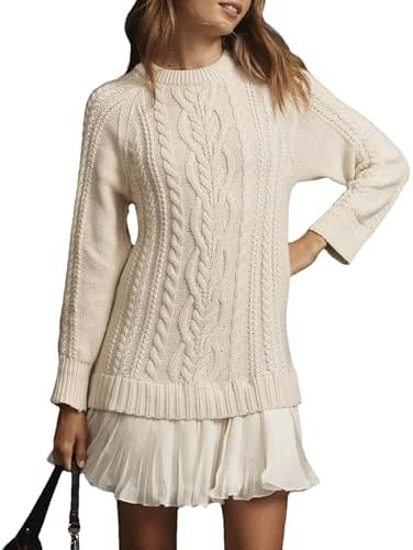 Shiyifa Womens Cable Knit Sweater Dress Crewneck Patchwork Pleated Dresses Twofer Style Long Slee... | Amazon (US)