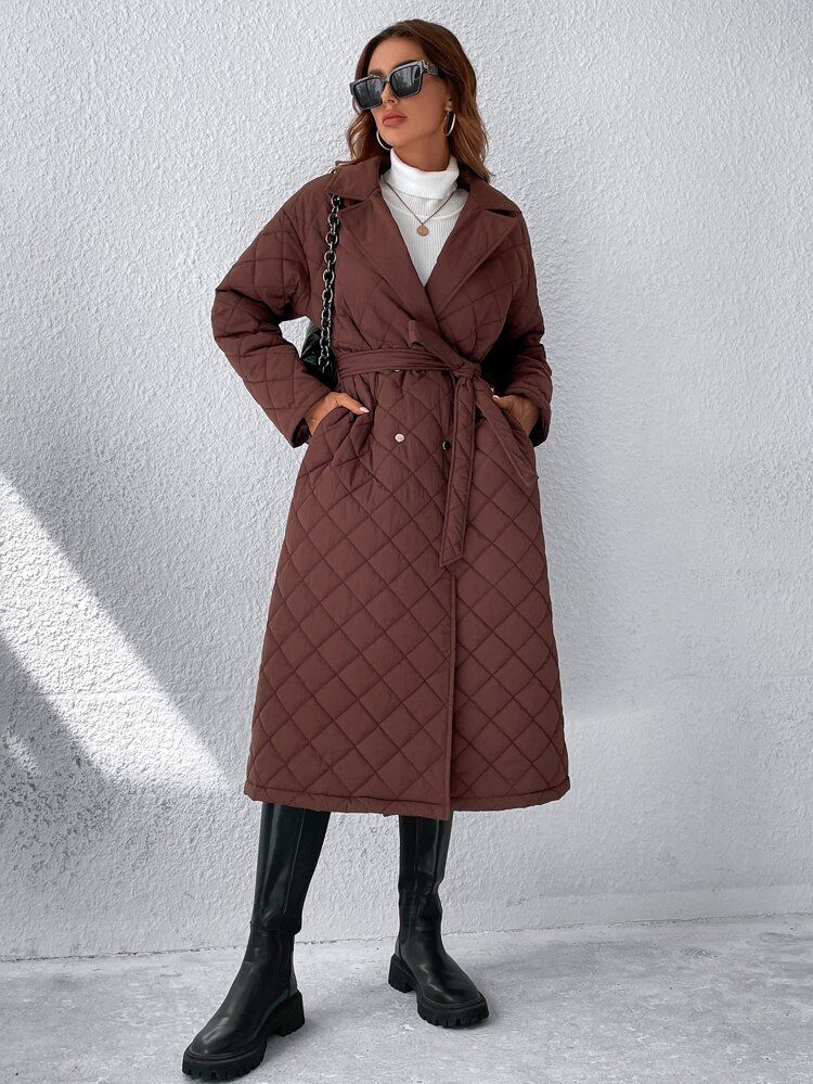 Drop Shoulder Belted Quilted Coat | SHEIN
