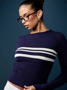 MISSGUIDED Stripe Detail Fitted Knit Crop Sweater Long Sleeve Turtleneck Winter Fall Fashion Ribb... | SHEIN