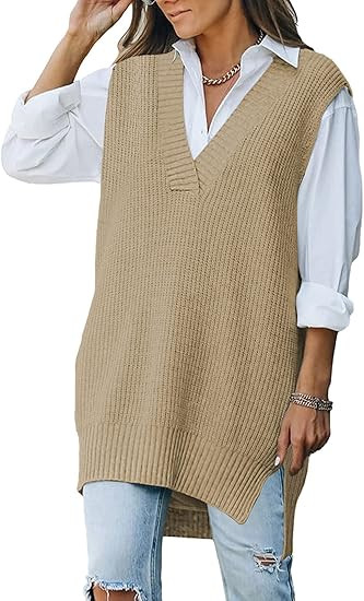 Viottiset Women's Oversized V Neck Knit Sweater Vest Tunic Sleeveless Pullover Top | Amazon (US)