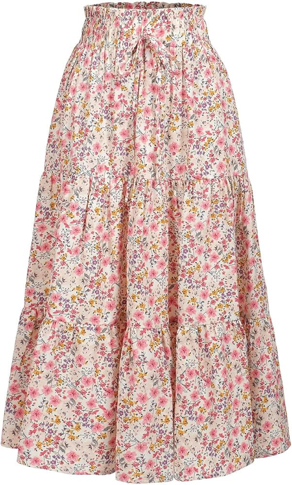 Women's High Elastic Waist Midi Skirt Casual Summer Trendy Tie Front Flowy Ruffle Floral Print A ... | Amazon (US)