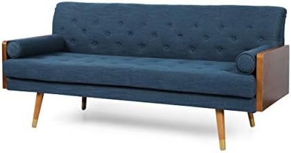 Aidan Mid-Century Modern Tufted Fabric Sofa, Navy Blue and Dark Walnut | Amazon (US)