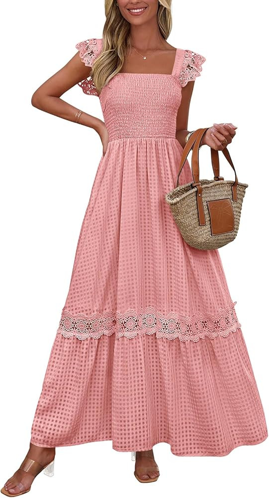 PRETTYGARDEN Women's Smocked Summer Maxi Dresses 2025 Ruffle Cap Sleeve Square Neck Lace Detail F... | Amazon (US)