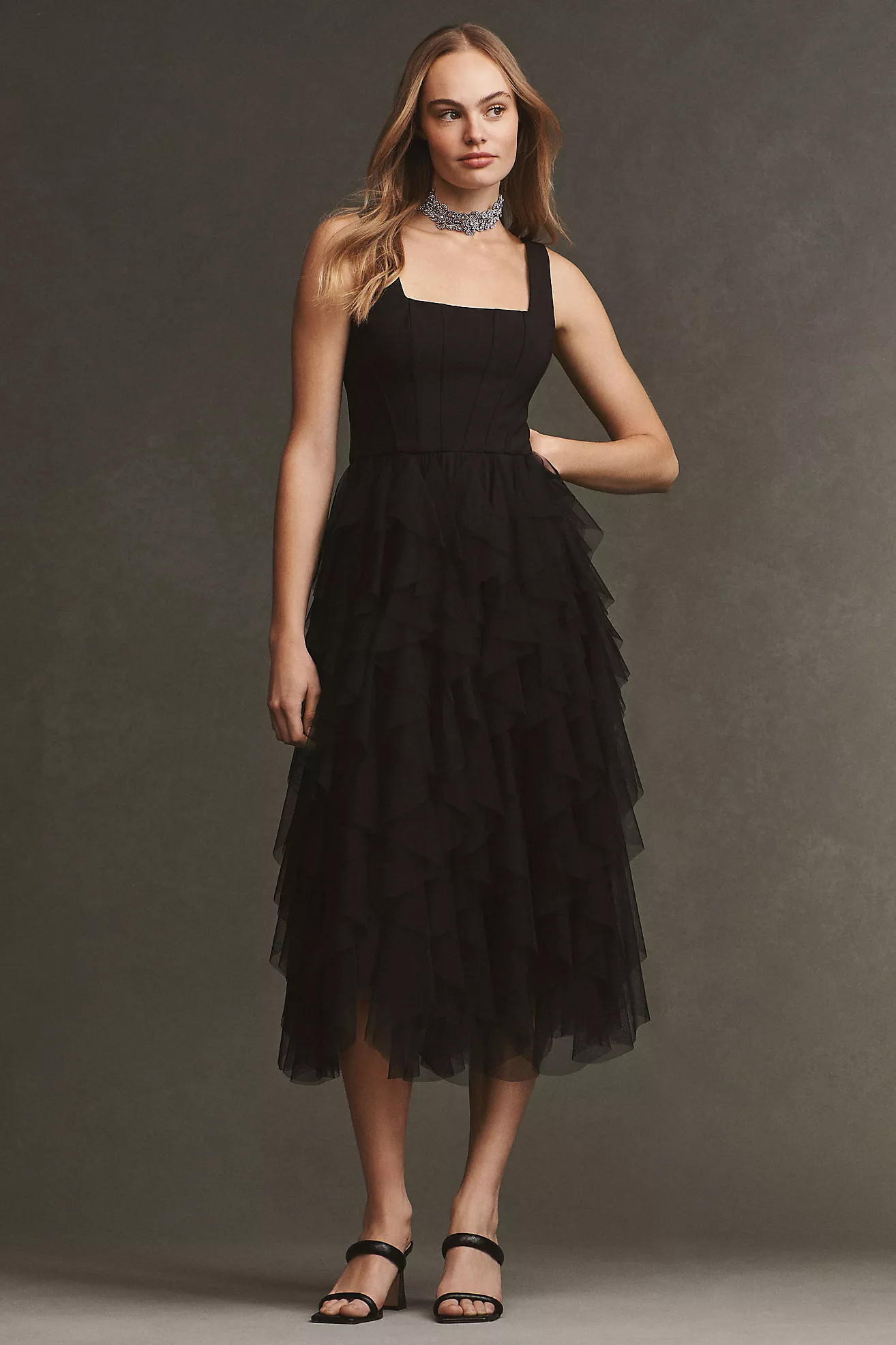 BHLDN Sleeveless Square-Neck Ruffled Tulle Midi Dress | Anthropologie (US)