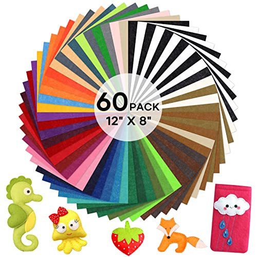 HTVRONT Felt Sheets for Crafts - 60pcs Felt Squares A4-8x12" Stiff Felt Sheets, Assorted Colors Craft Felt, 1mm Stiff Felt Fabric for Sewing, Patchwork, Decoration, Embroidering, Book, Felt Papers | Amazon (US)