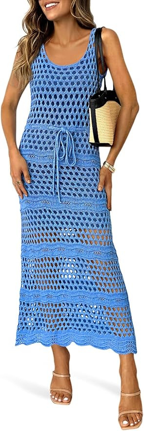 Saodimallsu Womens Crochet Beach Cover Up Dress Sleeveless Scoop Neck Drawstring Long Dresses Sum... | Amazon (US)