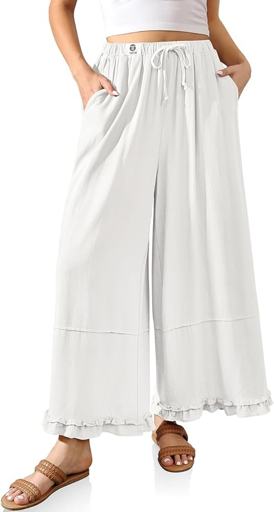 TARSE Womens Linen Palazzo Pants Ruffle Wide Leg Cropped Flowy Drawstring Casual Loose Summer Bea... | Amazon (US)