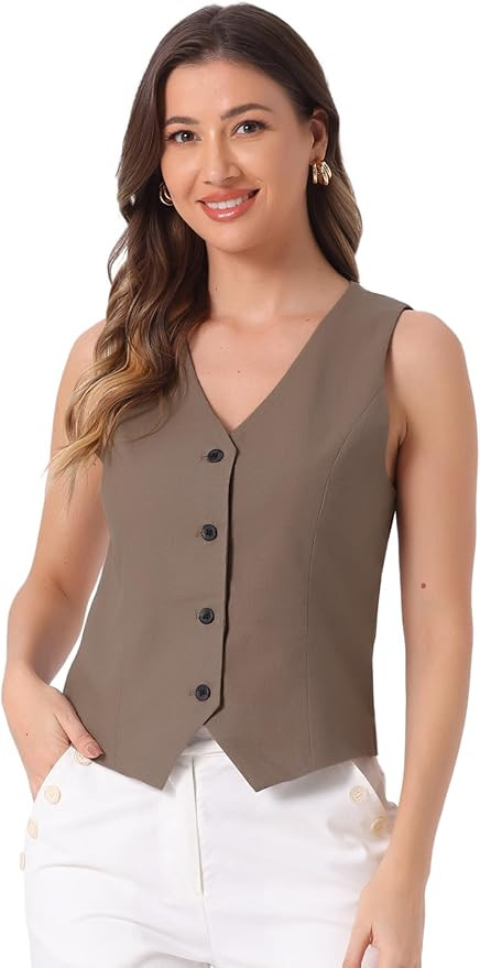 Allegra K Linen Vest Waistcoat for Women's Fashion Sleeveless Button Down V Neck Crop Top Summer ... | Amazon (US)