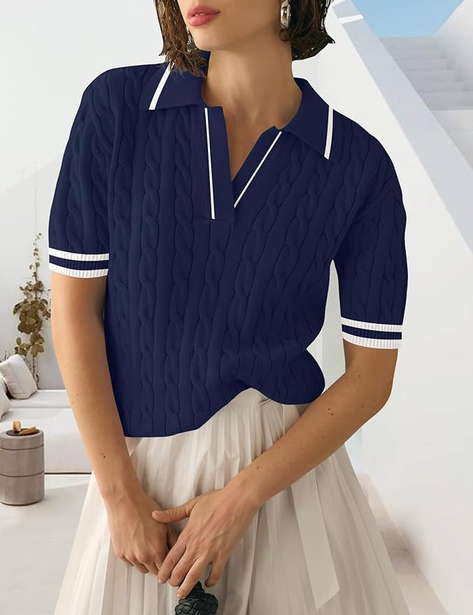 Womens Short Sleeve Sweater Tops V Neck Lapel Knit Polo Shirts Cable Knit Blouses Summer Business... | Amazon (US)