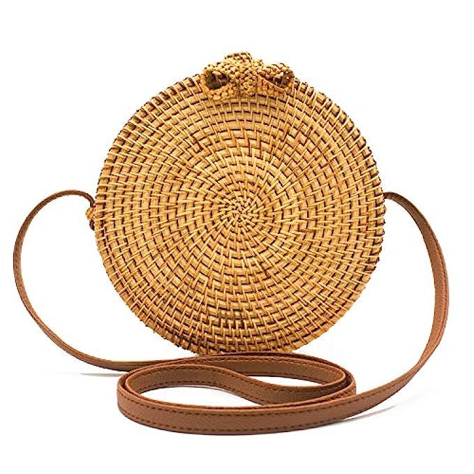 Handwoven Round Rattan Bag Shoulder Leather Straps Natural Tote Basket Bali Bags Crossbody Purse wit | Amazon (US)