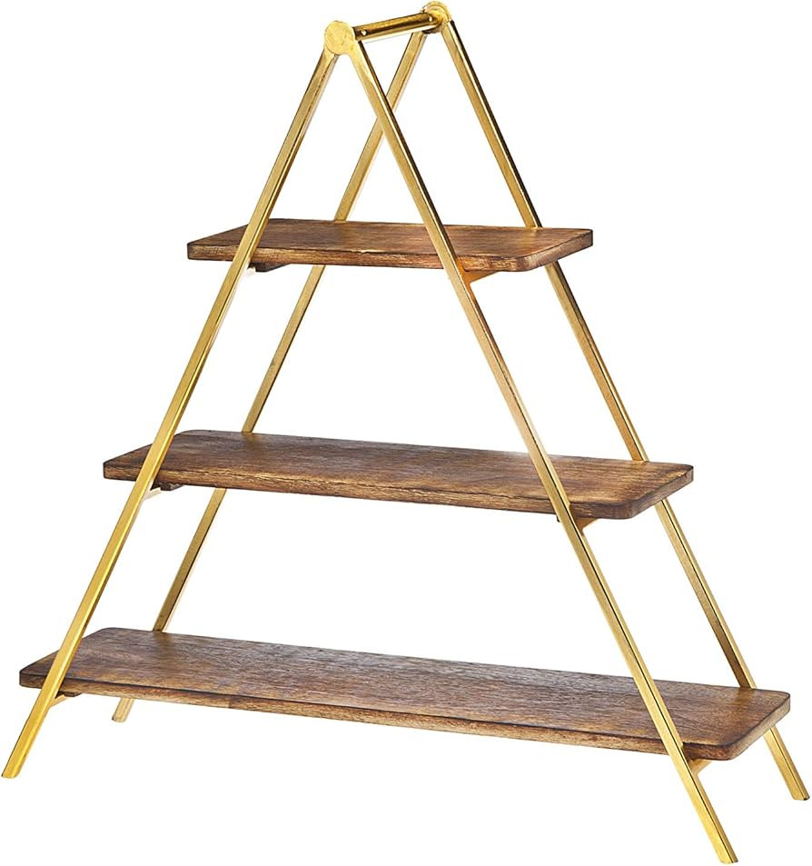 Godinger Serving Tray Appetizer Platter Dessert Fruit Party Display 3 Tier Wood with Gold Metal S... | Amazon (US)