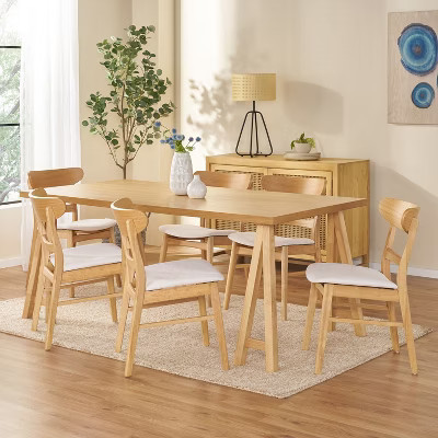 GDFStudio Isador Mid Century Modern 7 Piece Fabric Upholstered Rubberwood Dining Set, Light Beige/Natural Oak | Target