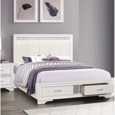 Queen Bed With Drawers Storage And Upholstered Faux Leather Headboard, Modern Style, White Silver Accent, Wooden Bedroom Headboard Storage, Finish, Gl | Wayfair North America