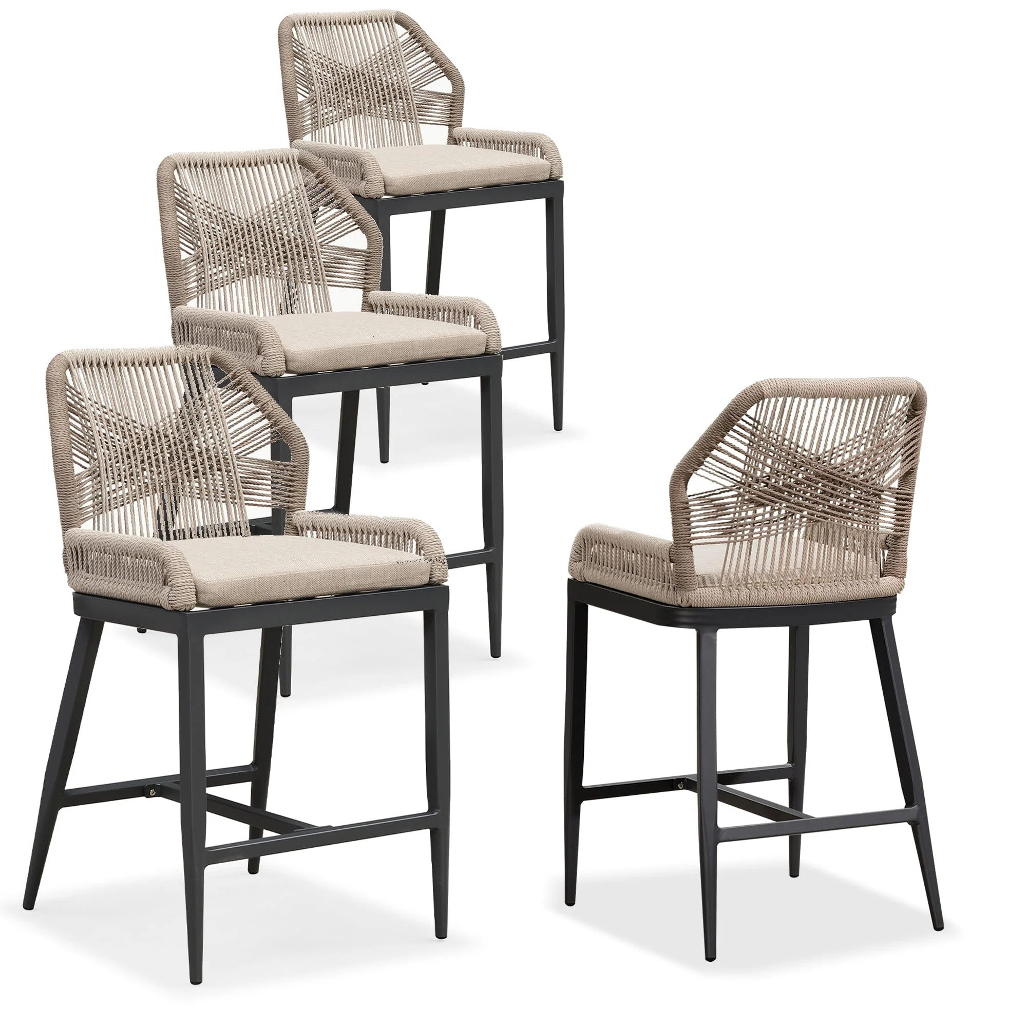 Bar Stools Set Of 4 Outdoor Bar Height Metal Stools Modern Wicker Rattan Barstools With Back Alum... | Wayfair North America