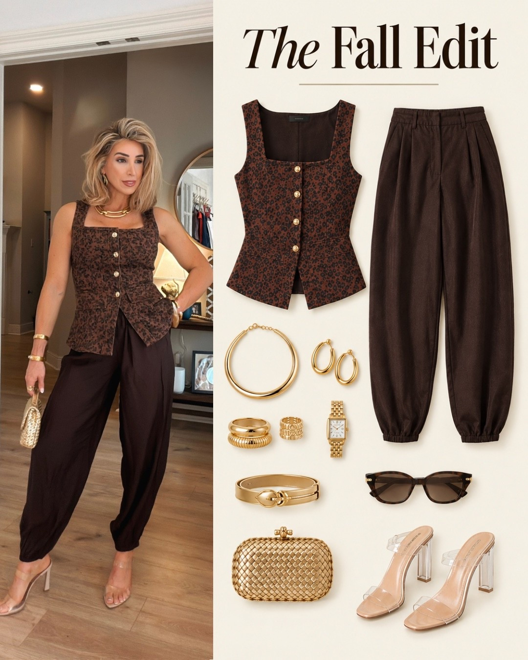 Fall outfits women over 50, leopard print top, chocolate brown pants