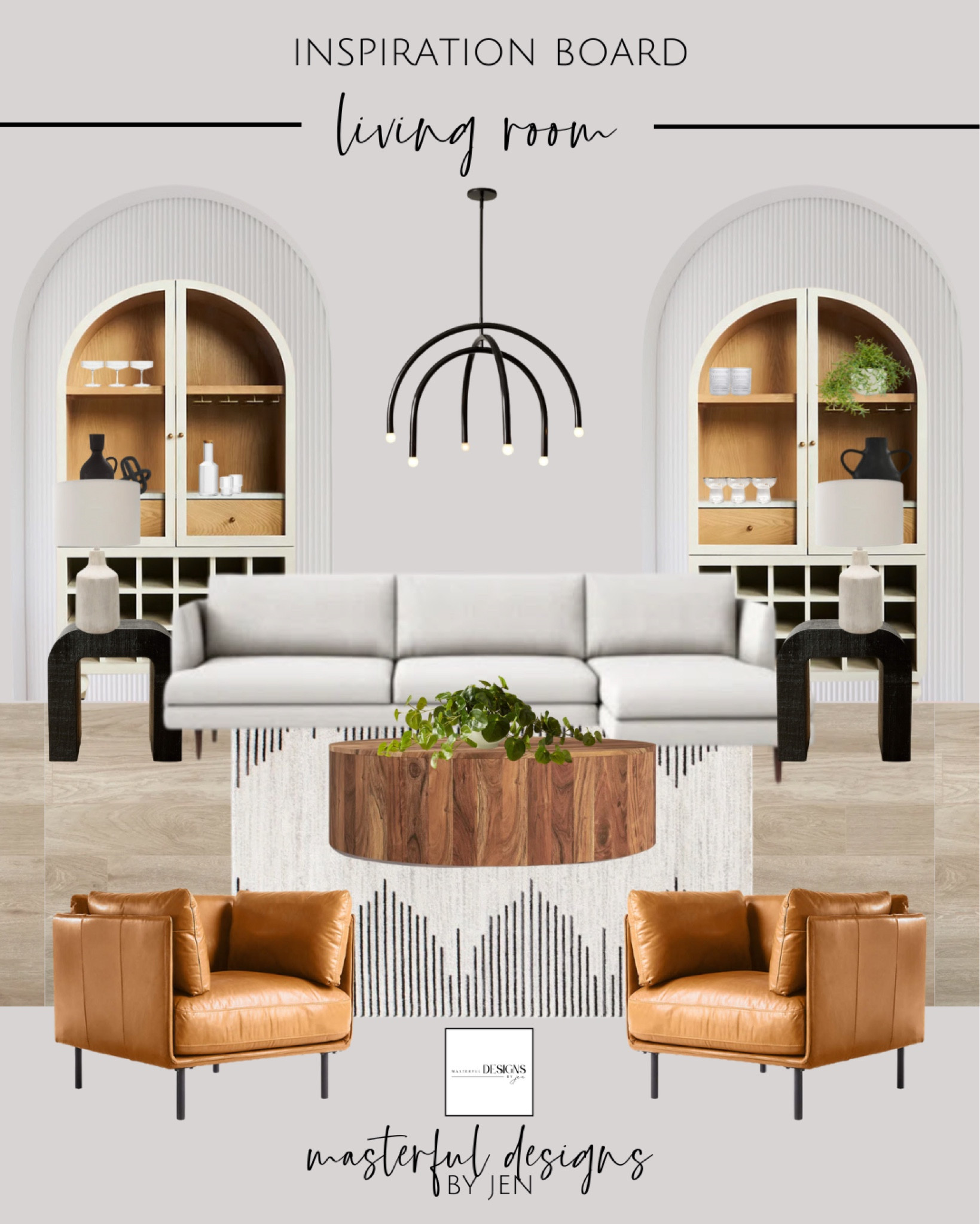 Living room, sectional, sofa, casual, leather, chairs, lighting, home, decor, modern, Anthropologie, bar ware, faux plants, coffee table, side table, lamps, chandelier, brown leather accent chair, white cabinets, white and black stripe rug, black modern lighting fixture, cb2, crate and barrel, joss and main 

#LTKstyletip #LTKFind #LTKhome