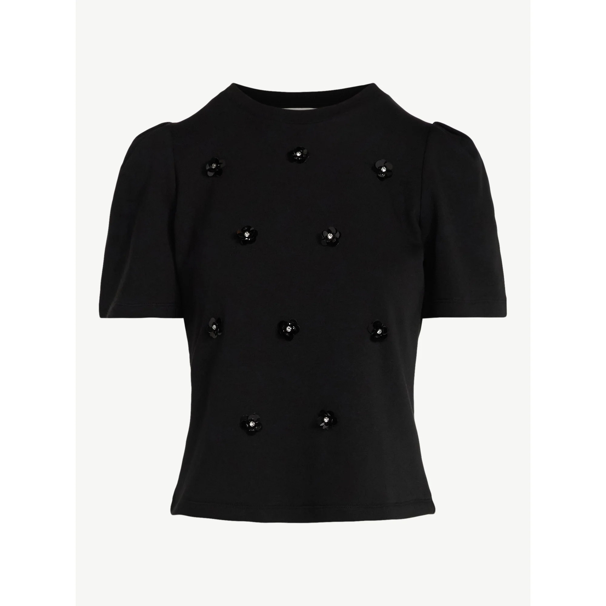 Free Assembly Women's and Women's Plus Embellished Pleat Shoulder Top with Short Sleeves, Sizes X... | Walmart (US)