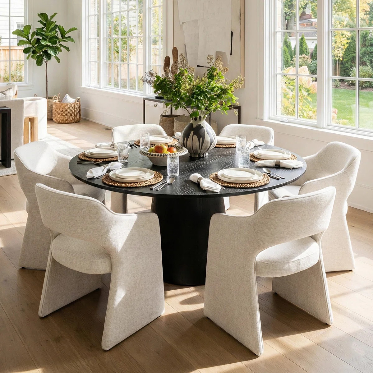6 - Person Dining Table Sets With Round Table & 6 Upholstered Fabric Chairs | Wayfair North America