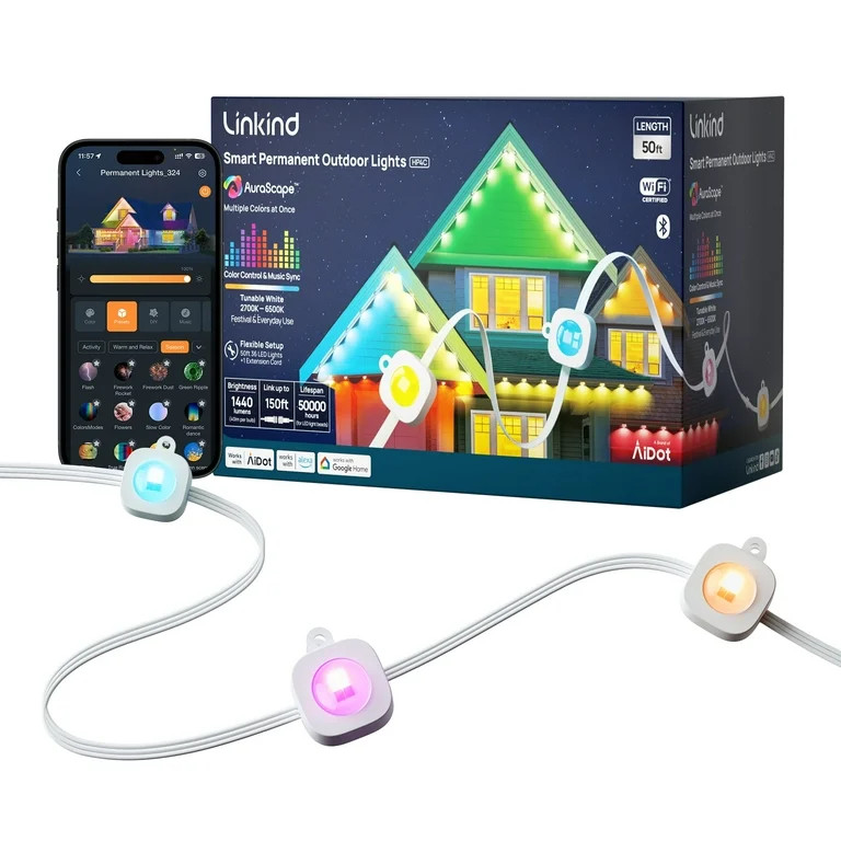 Linkind HP4C Smart Permanent Outdoor Lights 50ft, Color-Changing LED Strip Lights, IP67 Waterproo... | Walmart (US)