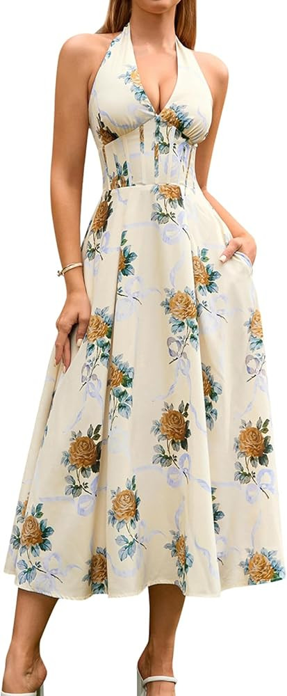 GLNEGE Floral Halter Corset Midi Sun Dress V Neck Bow Tie Smocked Back Flowy Wedding Guest Dresse... | Amazon (US)