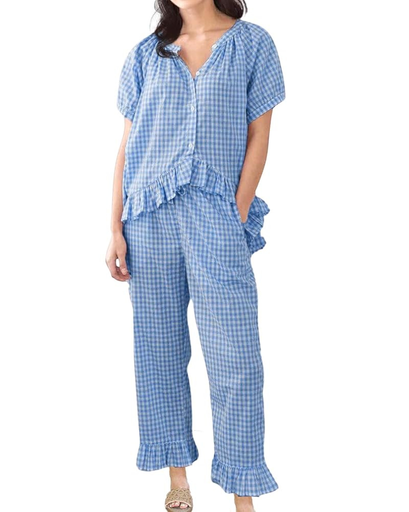 Womens Gingham Pajama Set 2 Piece Short Sleeve Babydoll Shirt and Pants Lounge Set Cute Sleepwear | Amazon (US)