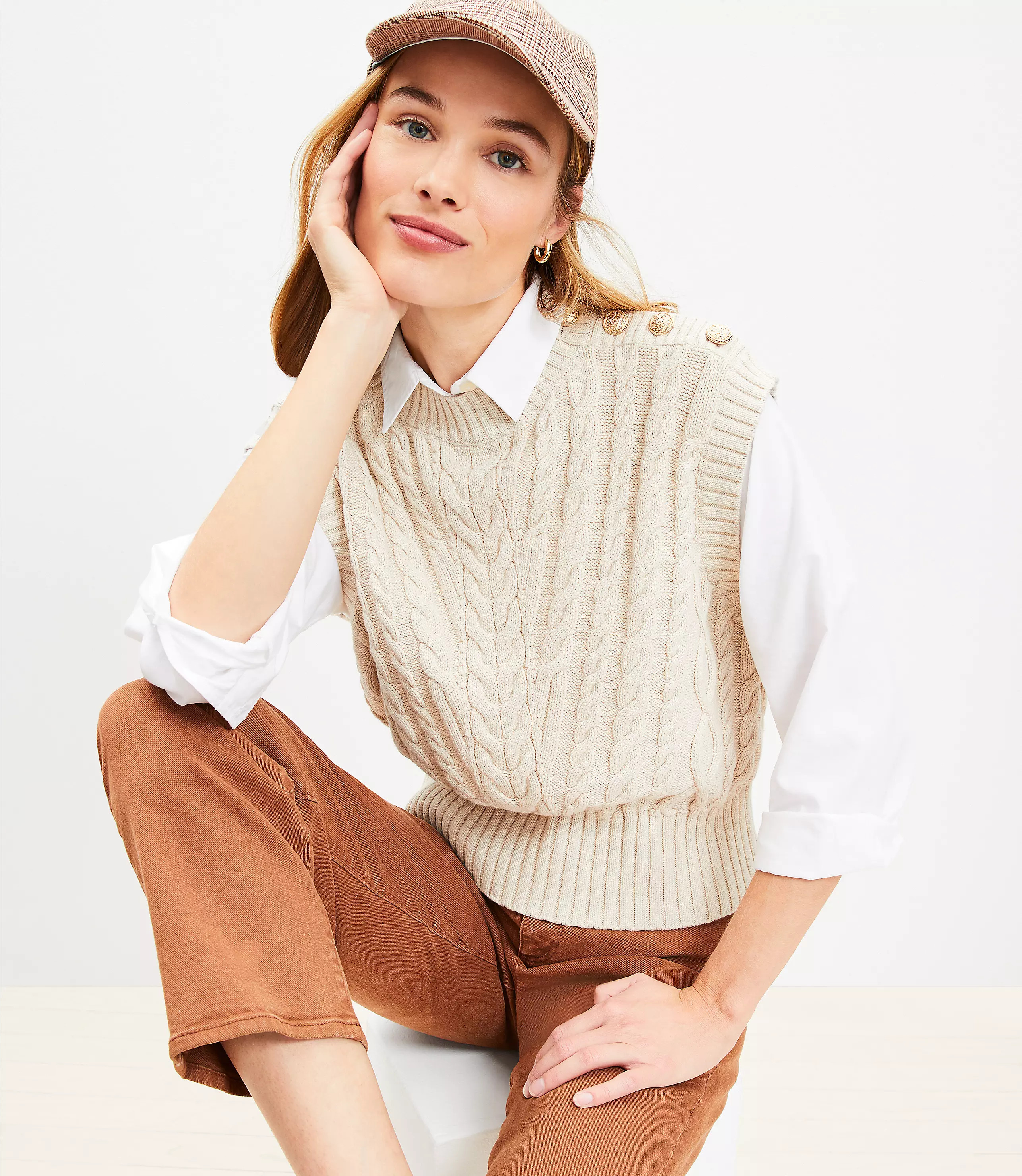 Petite Shoulder Button Cable Sweater Vest | LOFT